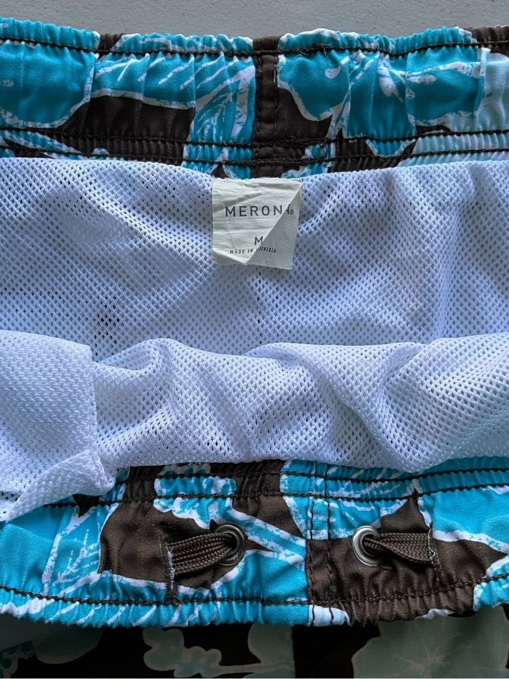 Merona Teal and Brown Floral Swim Trunks with Mesh Liner